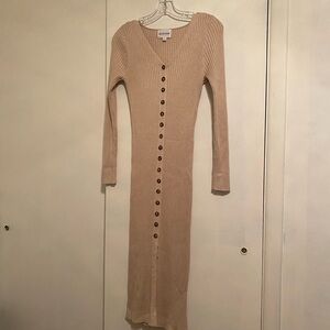 Olive & Oak Beige Rib Long Sleeve Front Button Down V-Neck Straight Sleek Dress